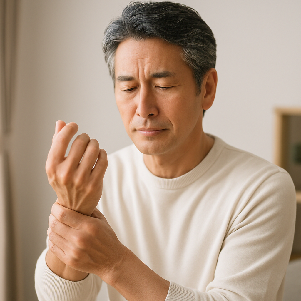 手首を押さえてる男性
