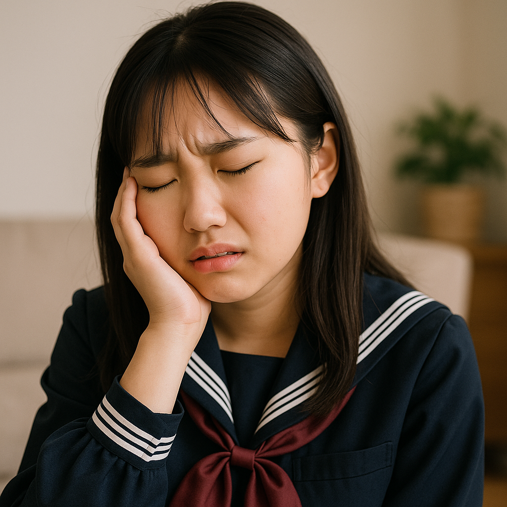 顔を押さえている女子学生
