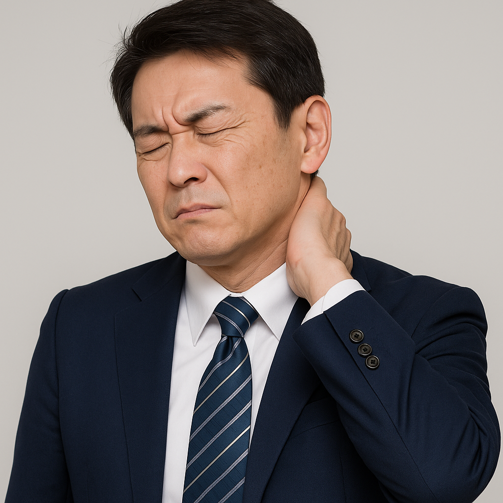 首をおさえている男性の様子