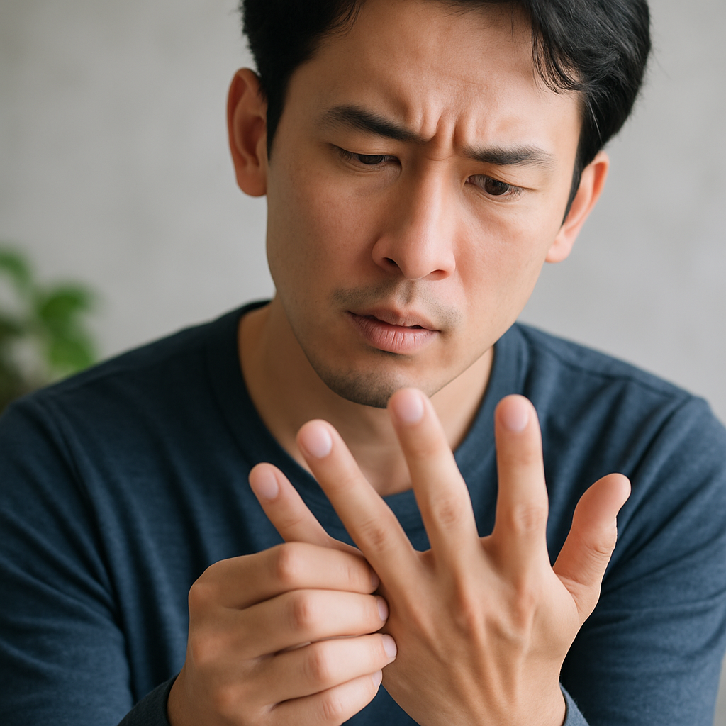 指に違和感を感じている男性