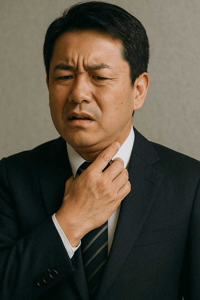 首元を抑えてる男性