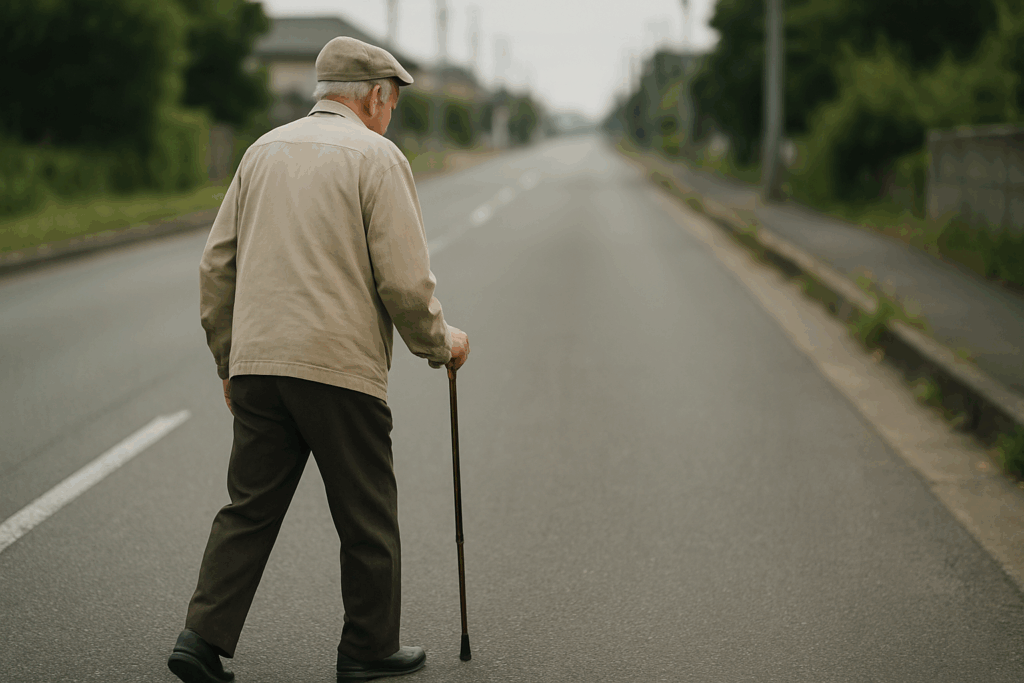 信号のない道路を渡る男性