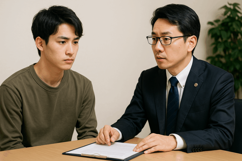 20代男性が弁護士に相談している様子