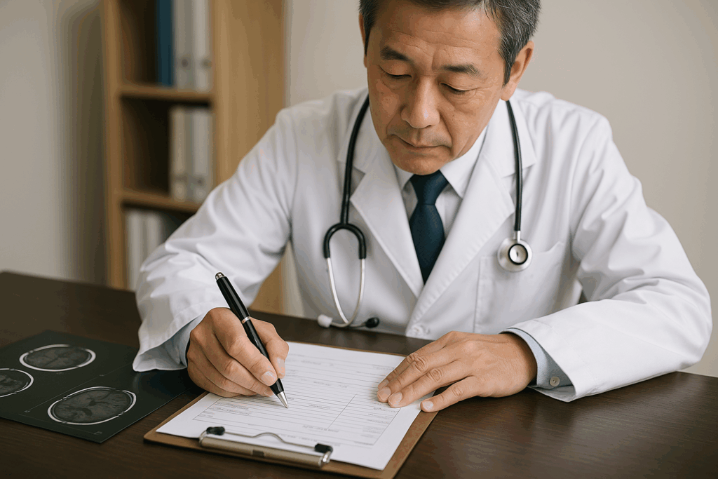 医師が診断書を書いている様子