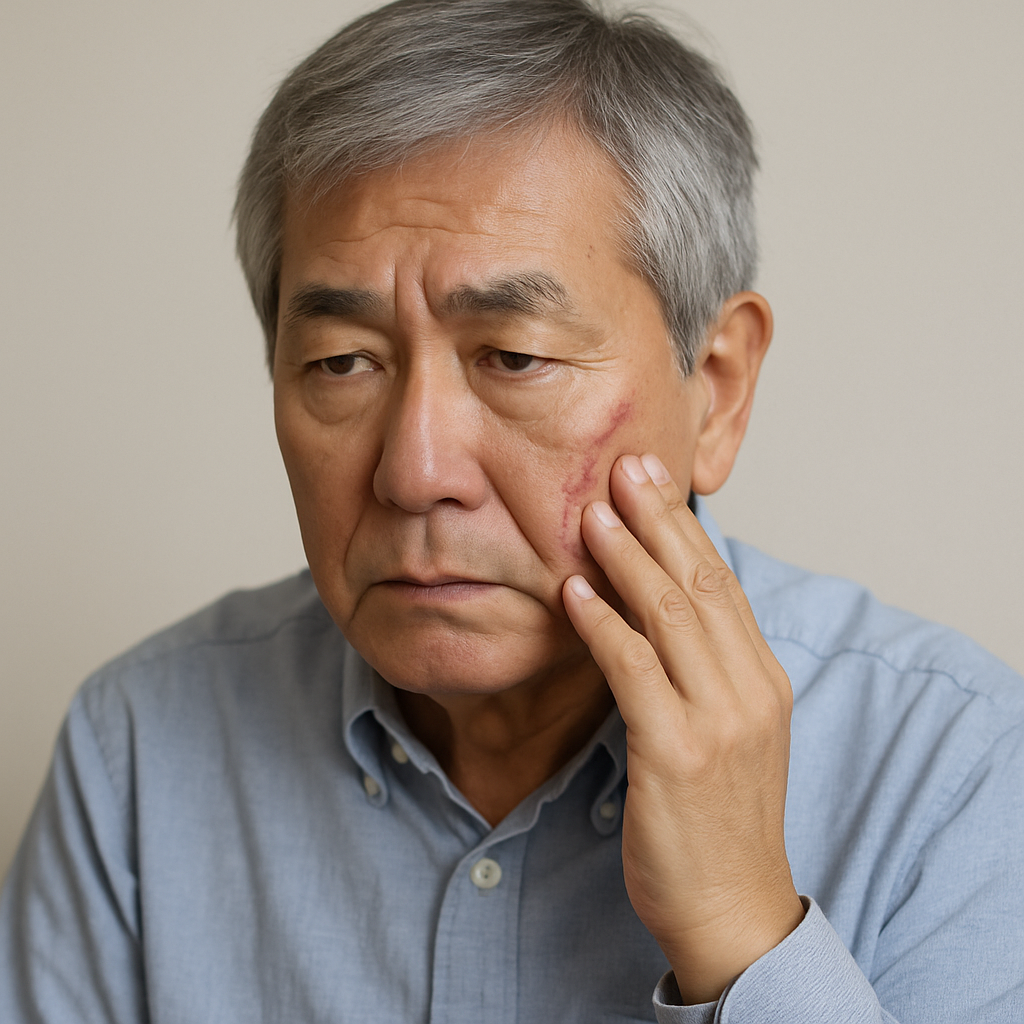顔の傷を気にする男性
