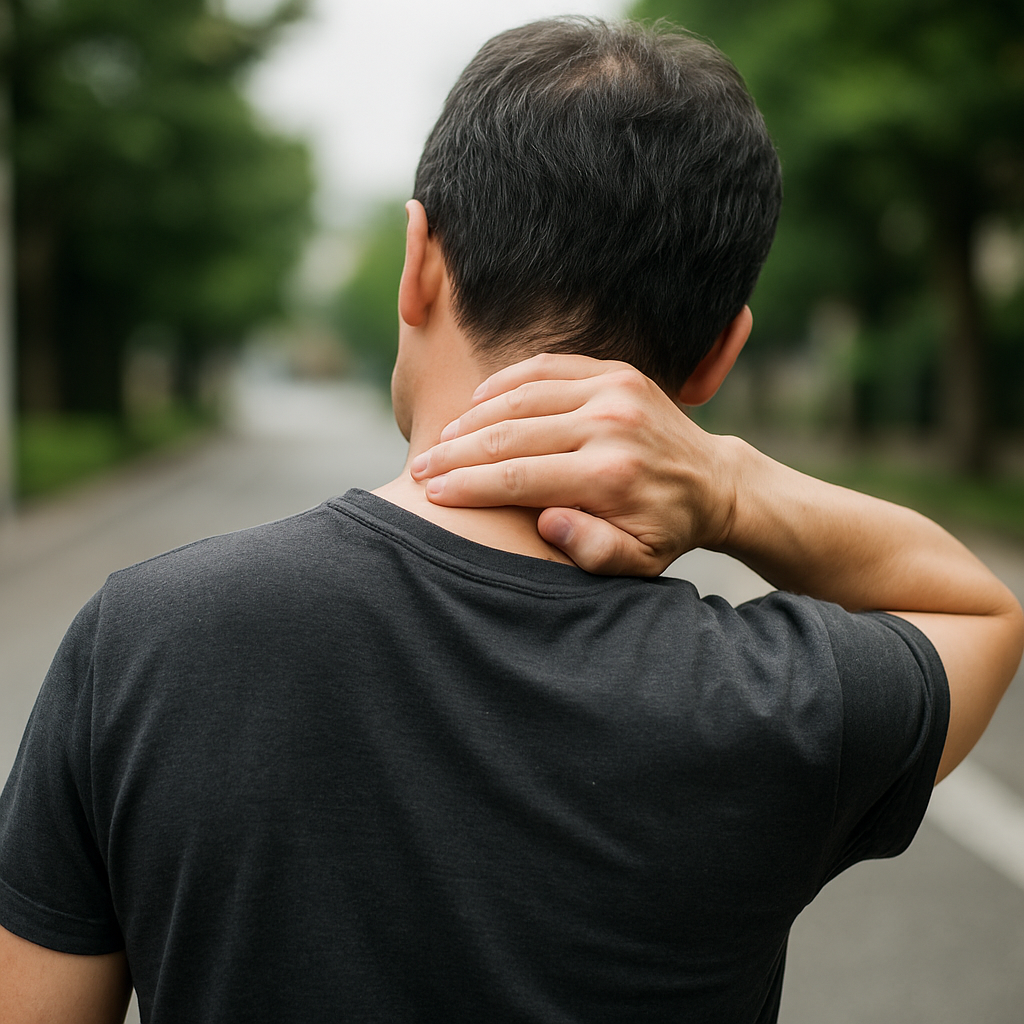 首元を抑える男性