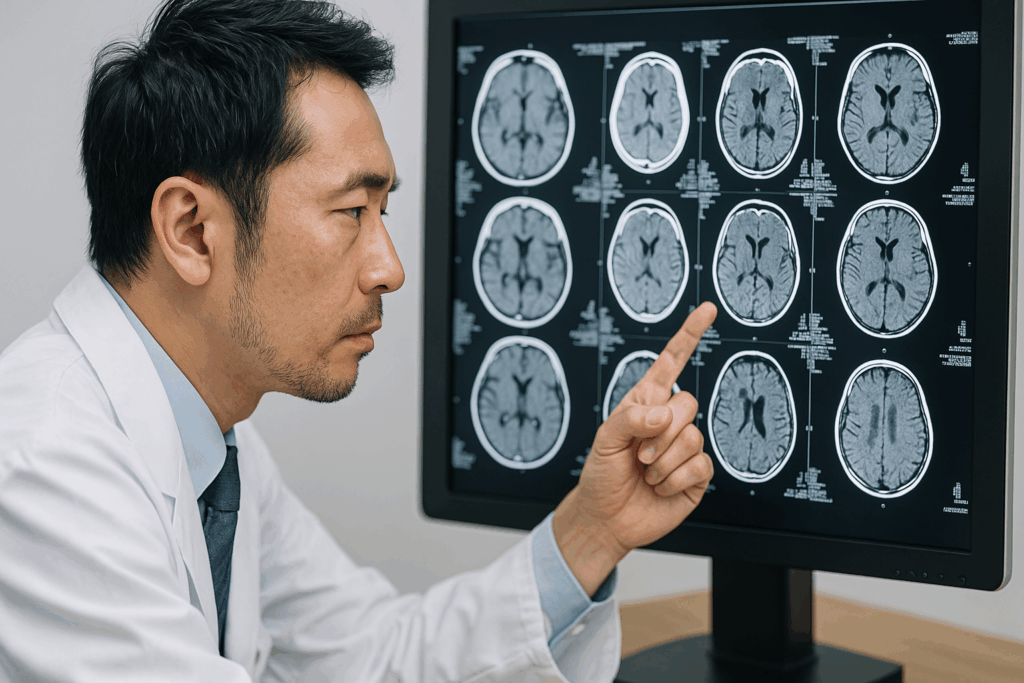医師がCTの結果を見ている様子