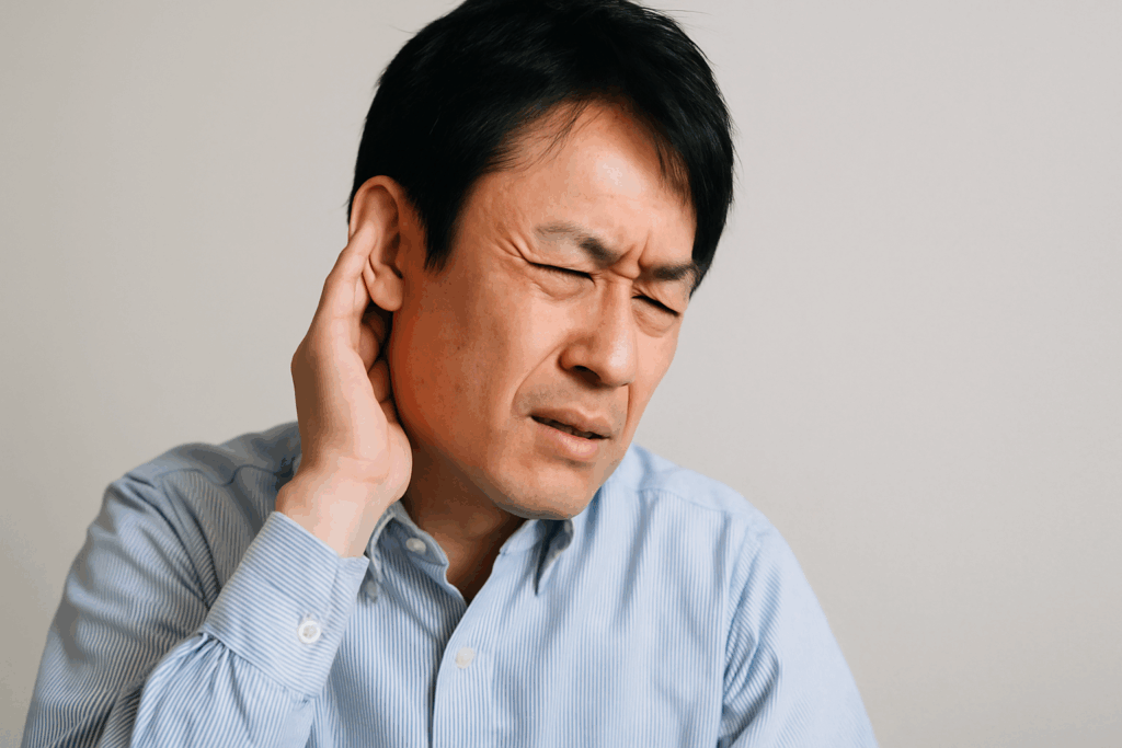 耳を気にしている男性