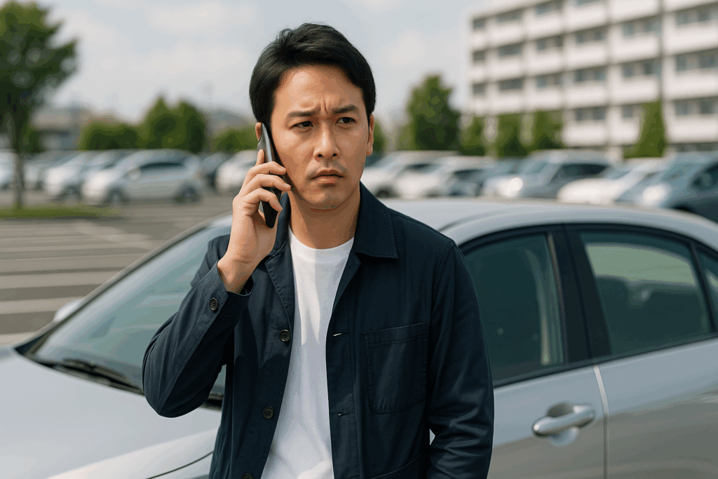駐車場で電話をしている男性