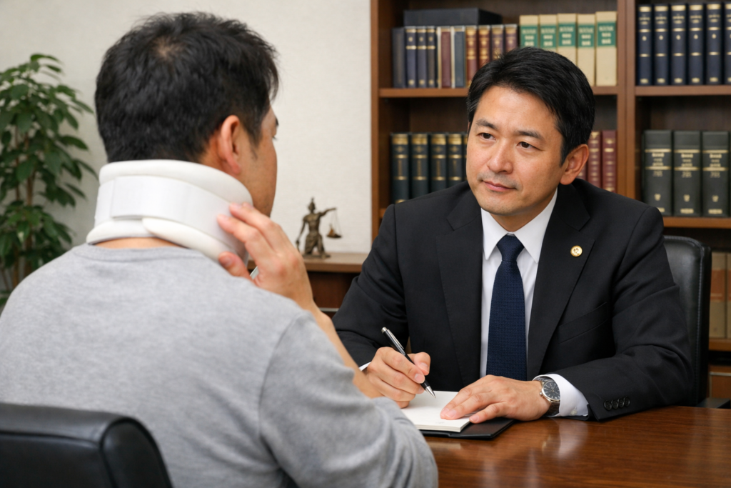 むち打ちになった男性が弁護士に相談している様子