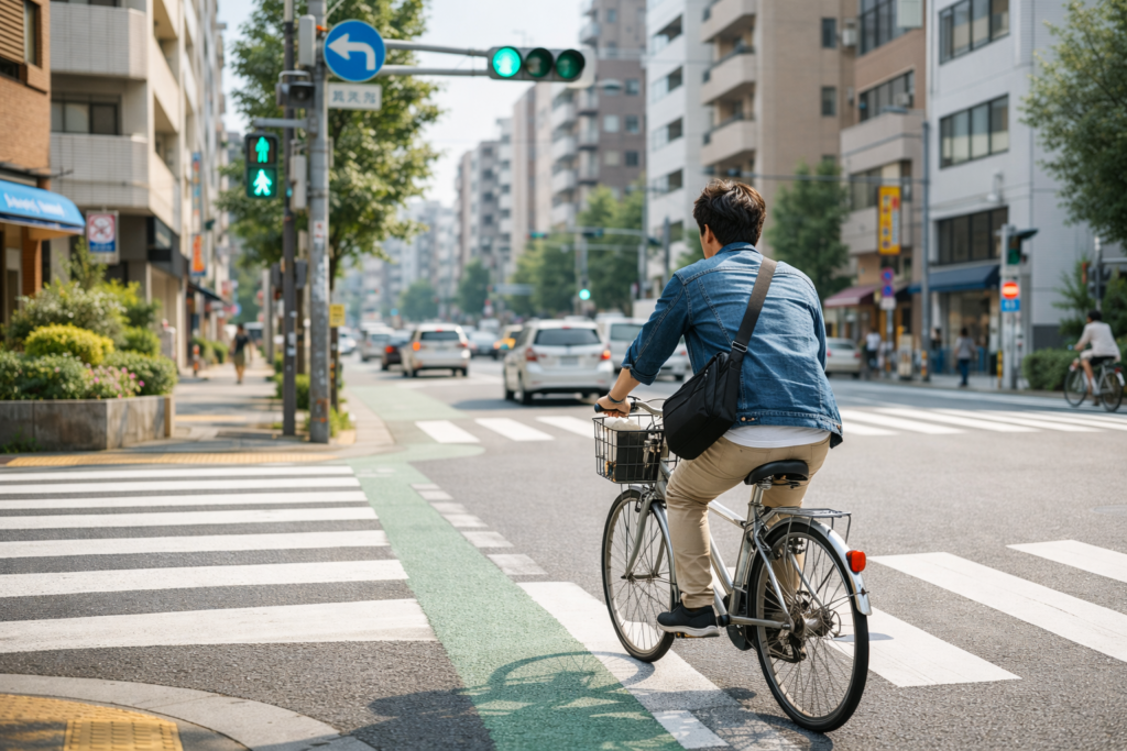 自転車で青信号の横断歩道を渡っている様子