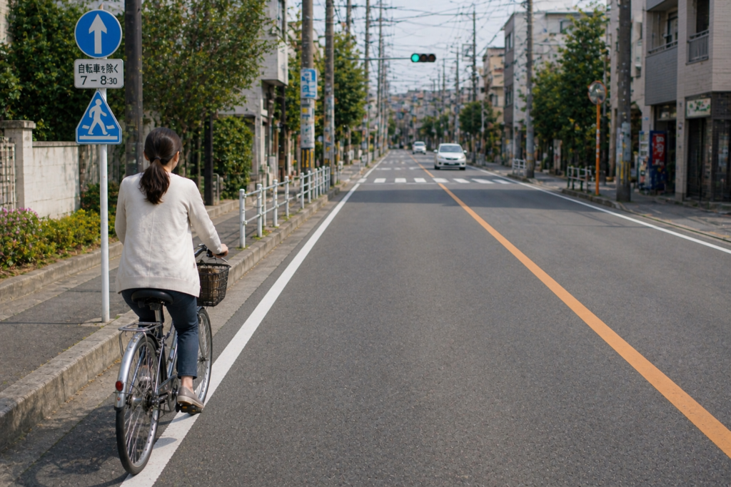 自転車を乗っている女性の後ろ姿