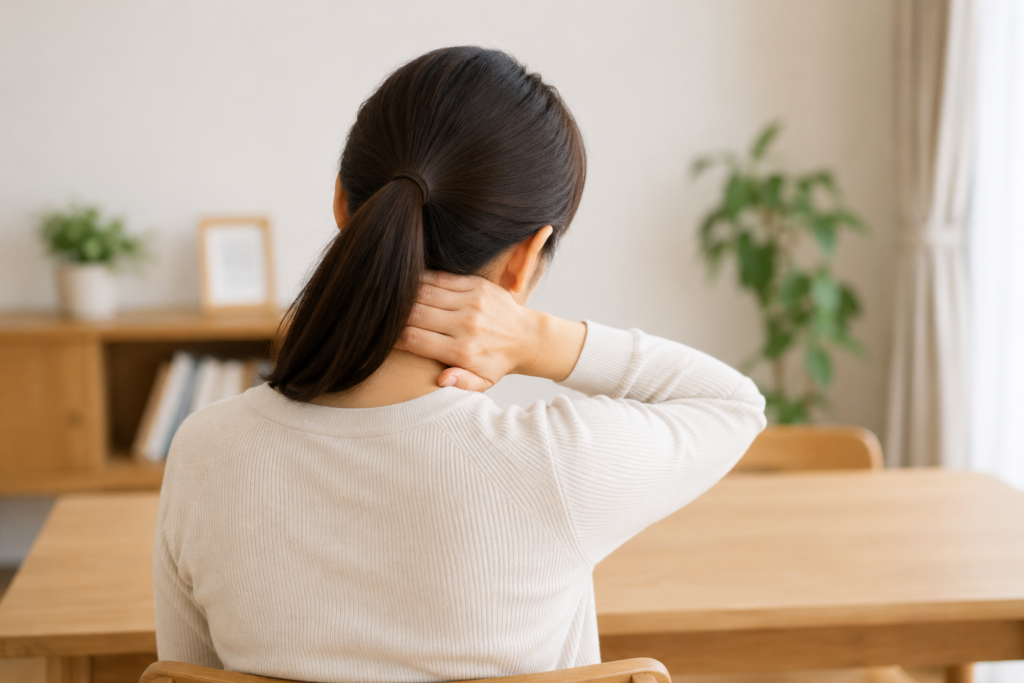 首を抑えている女性