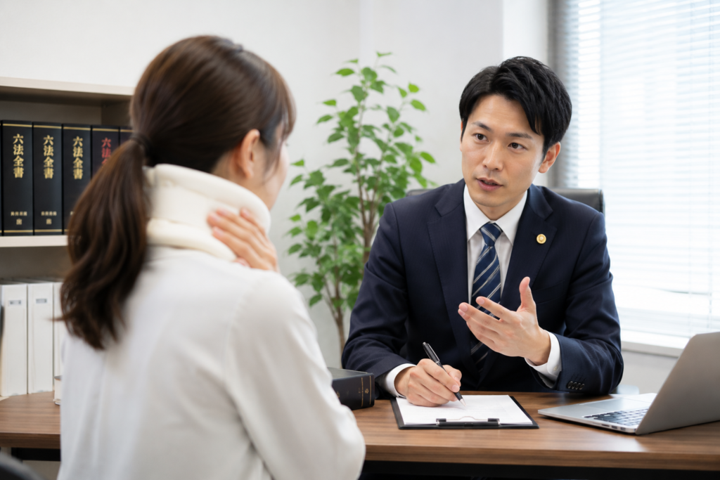 むち打ちの女性が弁護士に相談している様子