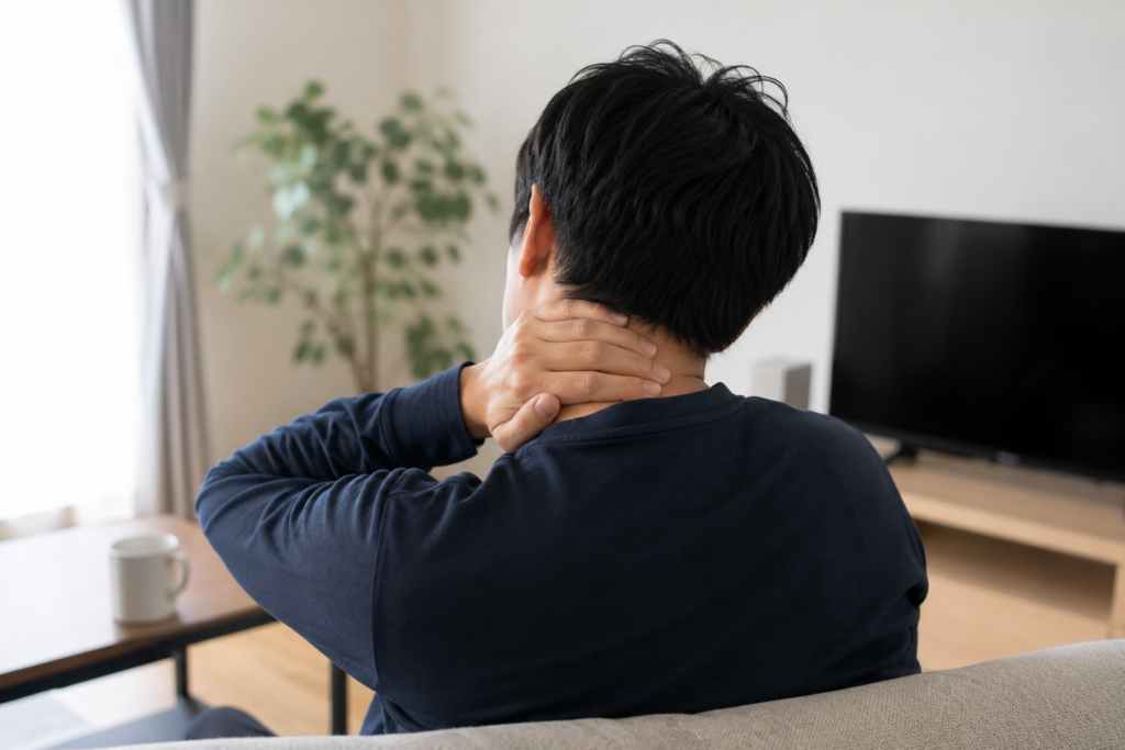 首を抑えている男性の後ろ姿