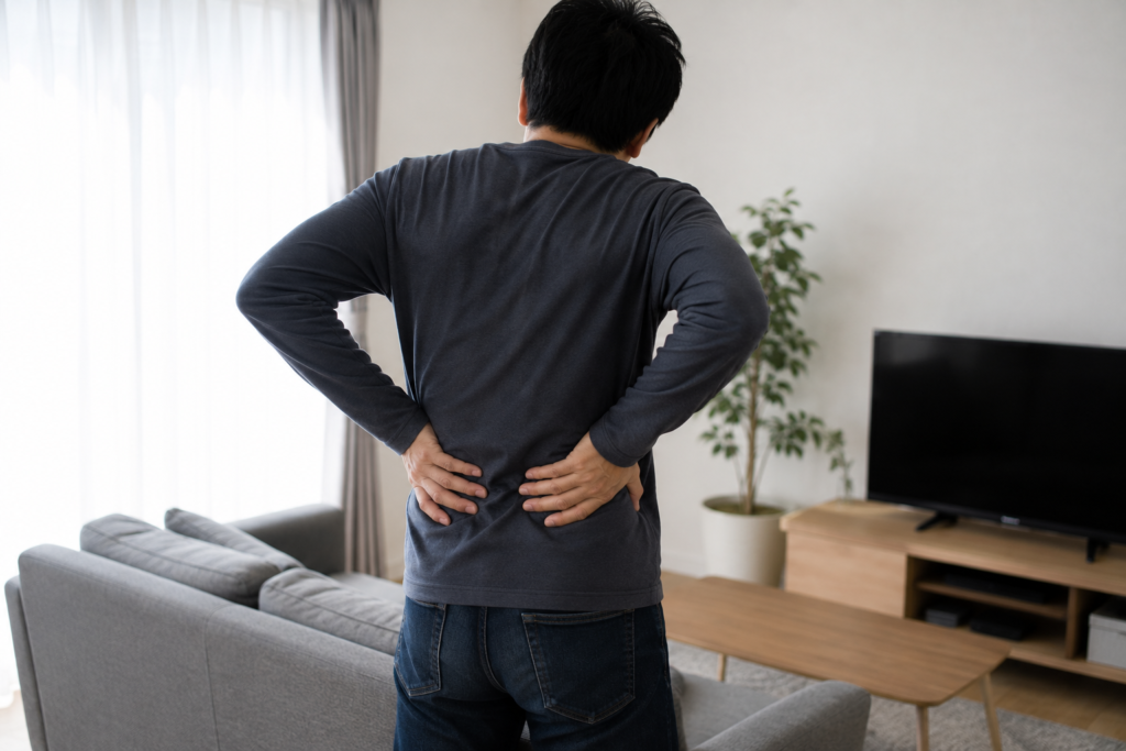 腰を抑えてる男性