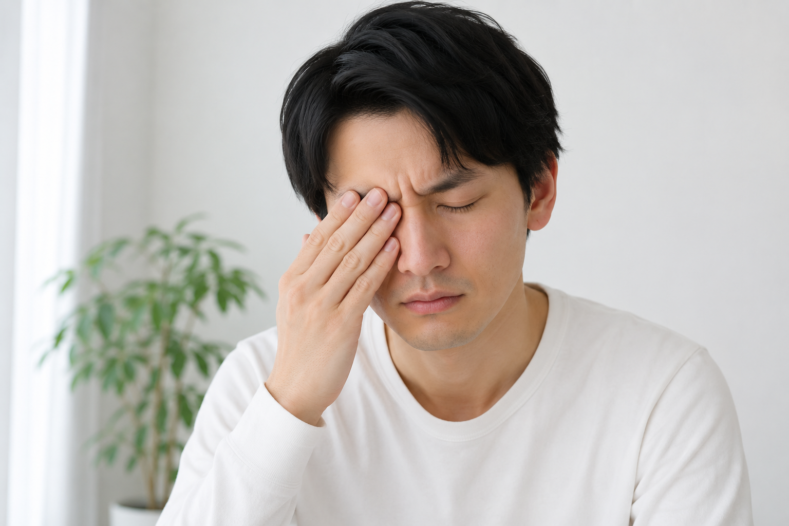 目を押さえている男性